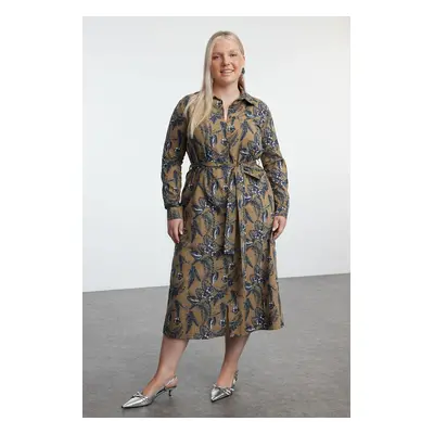 Trendyol Curve Khaki Women's Floral Midi Buttoned Belted Woven Plus Size Shirt Dress