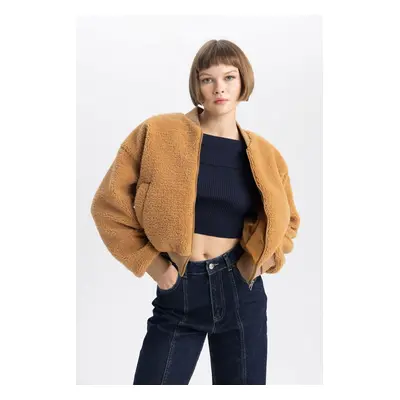 DEFACTO Plush Bomber Jacket Coat College Collar Zipper Pocket