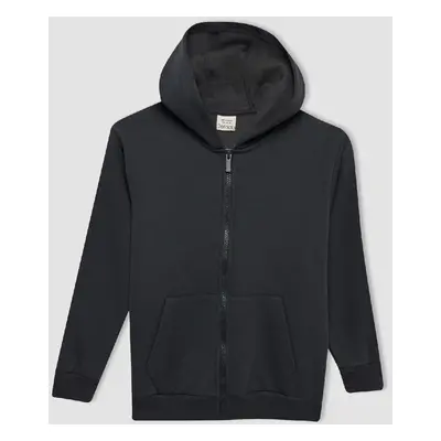 DEFACTO Boy Anthracite Basic Plain Hooded Zippered School Cardigan