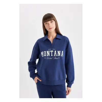 DEFACTO Navy Blue Relax Fit Polo Neck Printed Thick Sweatshirt