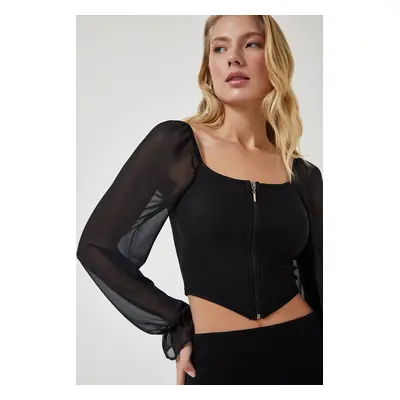 Happiness İstanbul Women's Black Chiffon Honey Sleeve Zippered Crop Blouse