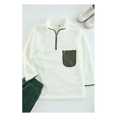 Trendyol Ecru Zipper Collar Pocket Detail Plush Oversize Sweatshirt