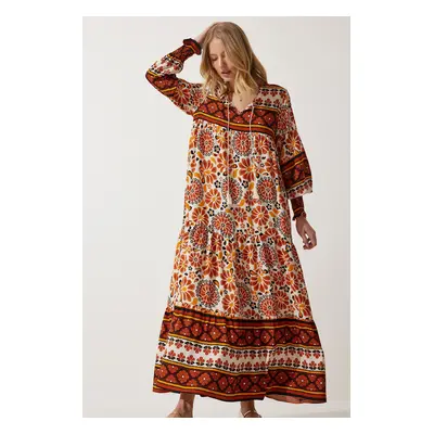 Happiness İstanbul Women's Brick Orange Print Oversize Long Viscose Dress