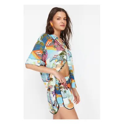 Trendyol Landscape Patterned Woven Shirt Shorts Beach Set