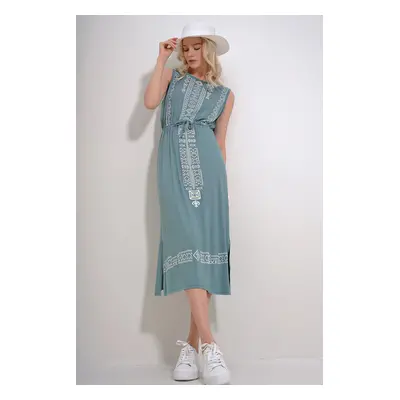 Trend Alaçatı Stili Women's Mint Embroidery Printed Bohemian Dress