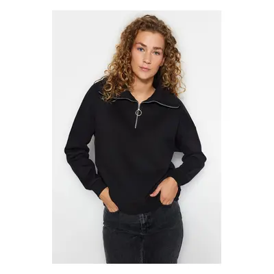 Trendyol Black Zipper Stand Collar Thick Inside Fleece Regular Fit Knitted Sweatshirt