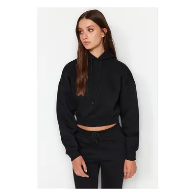 Trendyol Black Thick Fleece Hooded Relaxed Cut Crop Basic Knitted Sweatshirt