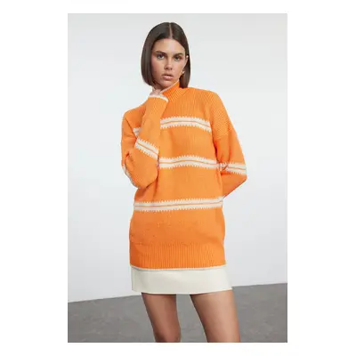 Trendyol Orange Soft Texture Wide Pattern Striped Turtleneck Knitwear Sweater