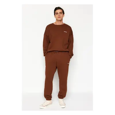 Trendyol Dark Brown Oversize/Wide Cut Text Print Warm Sweatshirt Tracksuit