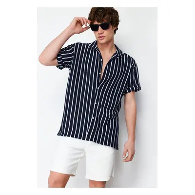 Trendyol Navy Blue Striped Relaxed Fit Knitwear Appearance Collar Shirt