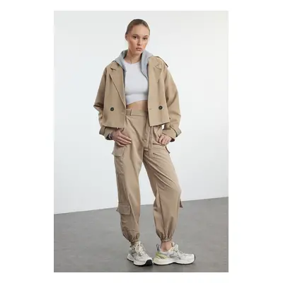 Trendyol Mink Soft Textured Cotton Gabardine Belted Cargo Woven Trousers