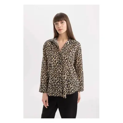 DEFACTO Oversize Wide Pattern Long Sleeve Leopard Patterned Voile Shirt