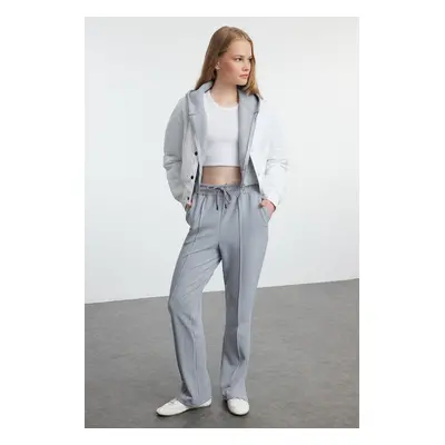 Trendyol Gray Ribbed Elastic Waist Straight Cut Trousers