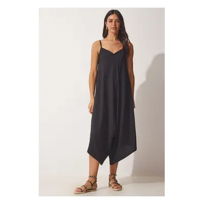 Happiness İstanbul Women's Black Strapless Oversized Flowy Baggy Overalls