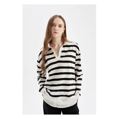 DEFACTO Regular Fit Striped Polo Neck Hem Detailed Long Sleeve T-Shirt Tunic