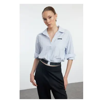 Trendyol Blue Striped Crop Shirt with Elastic Hem and Label Detail