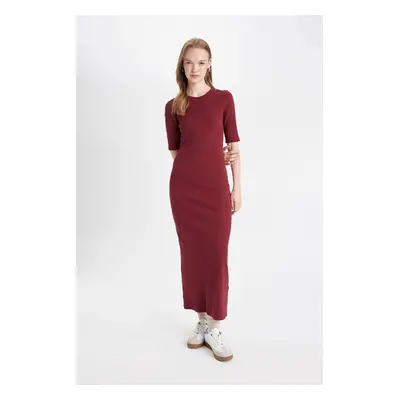 DEFACTO Bodycon Fitted Crew Neck Basic Plain Ribbed Camisole Short Sleeve Maxi Burgundy Dress