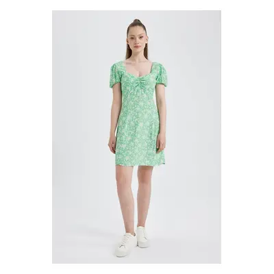 DEFACTO Coool Heart Neck Floral Moroccan Short Sleeve Mini Dress