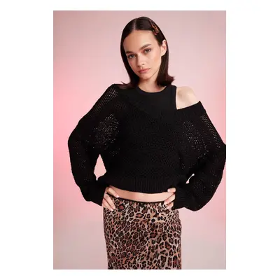 DEFACTO Black Regular Fit V Neck Crochet Knit Sweater