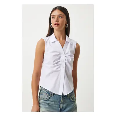 Happiness İstanbul Women's White Drawstring Detailed Sleeveless Shirt