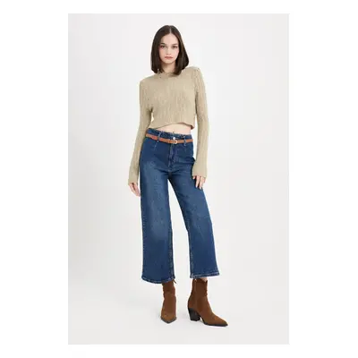 DEFACTO Culotte High Waist Short Wide Leg Jean Washed Trousers