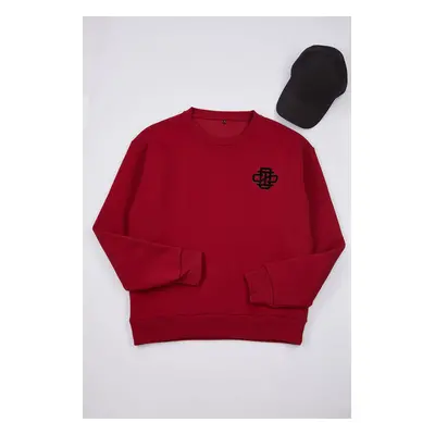 Trendyol Claret Red Oversize/Wide Cut Embroidered Detailed Fleece Inside Crew Neck Sweatshirt