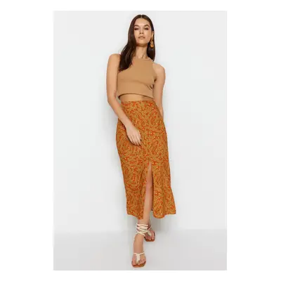 Trendyol Orange Ethnic Patterned Slit Detailed Midi Woven Skirt