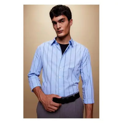 DEFACTO Modern Fit Polo Collar Striped Woven Long Sleeve Shirt