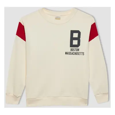 DEFACTO Boy's Ecru Crew Neck Back Printed Thick Sweatshirt