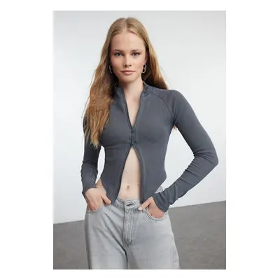 Trendyol Anthracite Washed Zippered Fitted Flexible Knitted Blouse