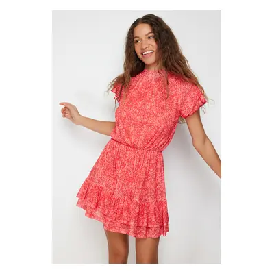 Trendyol Red Textured Frilled Skirt Mini Short Sleeve Stand Collar Flexible Knitted Mini Dress