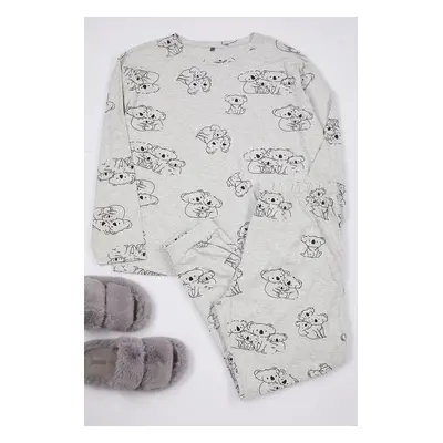 Trendyol Curve Gray Melange Koala Patterned Knitted Pajama Set