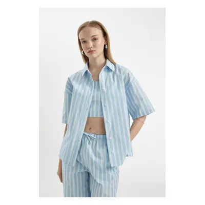 DEFACTO Cool Oversize Striped Poplin Short Sleeve Shirt