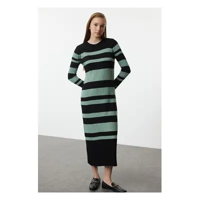 Trendyol Black Khaki Color Block Ribbed Knit Sweater Dress