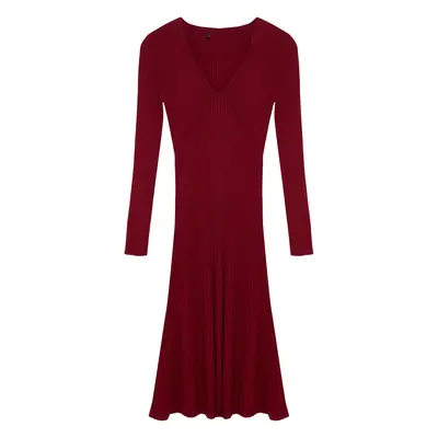 Trendyol Burgundy Midi Knitwear Dress with Frilled Hem