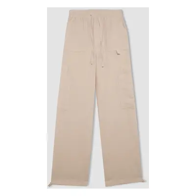 DEFACTO Cool Wide Leg Cargo High Waist Linen Blend Trousers