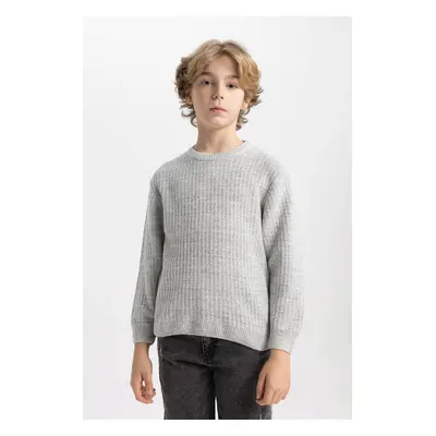 DEFACTO Boy's Gray Crew Neck Basic Plain Knitwear Sweater