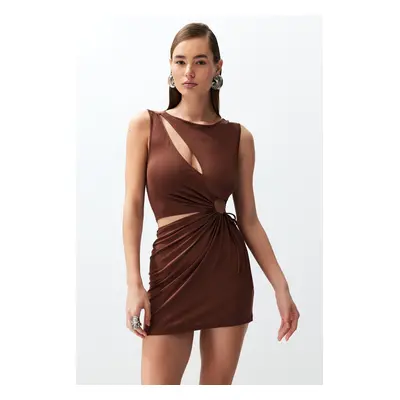 Trendyol Brown Fitted Mini Knitted Cut Out/Window Beach Dress