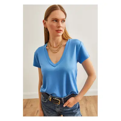 Olalook Women's Indigo Deep V-Neck Modal Button T-Shirt