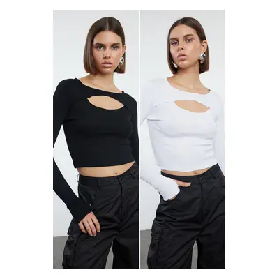 Trendyol Black-White 2-Piece Cut Out Detailed Fitted Flexible Knitted Blouse