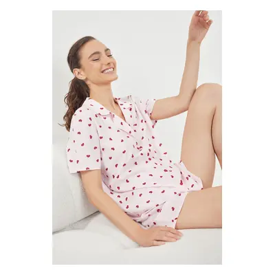 Trendyol Pink Striped Heart Patterned Viscose Woven Pajama Set