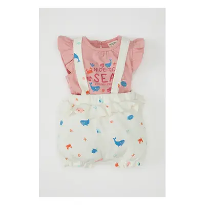 DEFACTO Baby Girl 2-Piece Set Sea Printed Ribbed Camisole Short Sleeve T-Shirt Suspender Overall