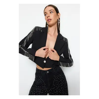 Trendyol Black Crop tkaná podšívka lesklá kamenná bunda