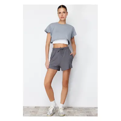 Trendyol Anthracite Elastic Waist Basic Soft Buttoned Knitted Shorts & Bermuda