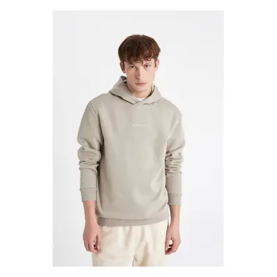 DEFACTO Light Khaki Regular Fit Hooded Text Printed Sweatshirt