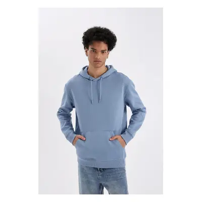 DEFACTO Blue Pocket Regular Fit Hooded Soft Furry Basic Plain Sweatshirt