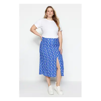 Trendyol Curve Blue Floral Patterned Slit Unlined Midi/Mid Length Viscose Woven Skirt