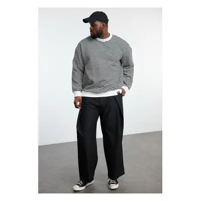 Trendyol Plus Size Black Oversize/Wide Cut Striped Fleece Inside Sweatshirt