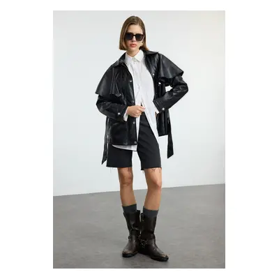 Trendyol Black Regular Fit Belted Detachable Cape Detailed Faux Leather Coat