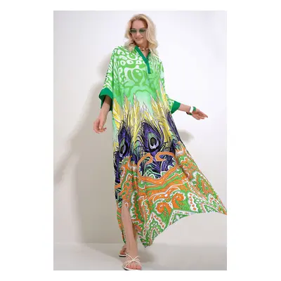 Trend Alaçatı Stili Women's Green Full Collar Bat Sleeve Patterned Maxi Length Woven Dress with 